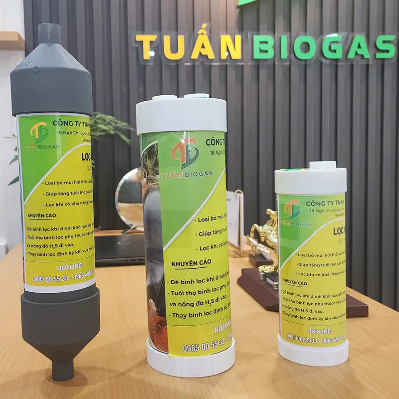 Cấu tạo bên trong bộ lọc khí biogas với các lớp vật liệu hấp phụ
